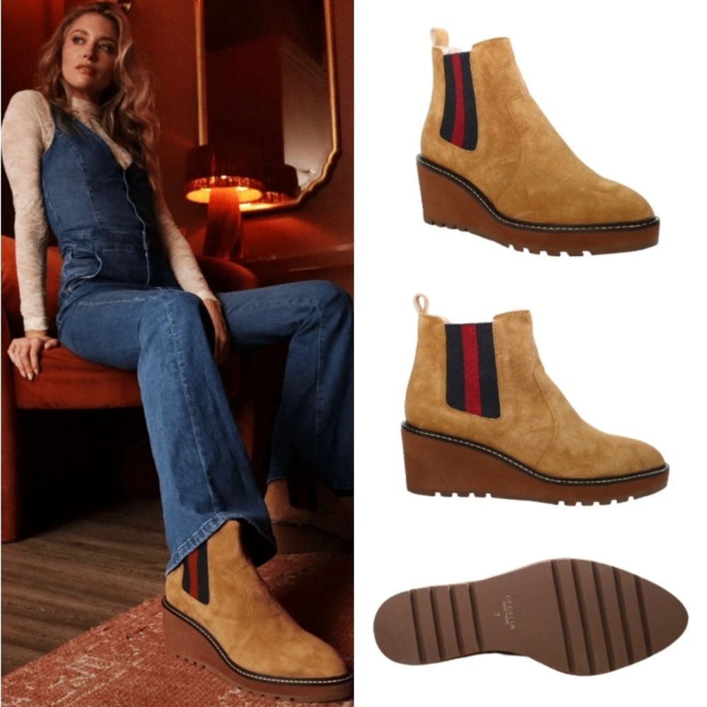 CECILIA NEW YORK Suede Wedge Chelsea Booties in Tan with Navy & Red Stripes